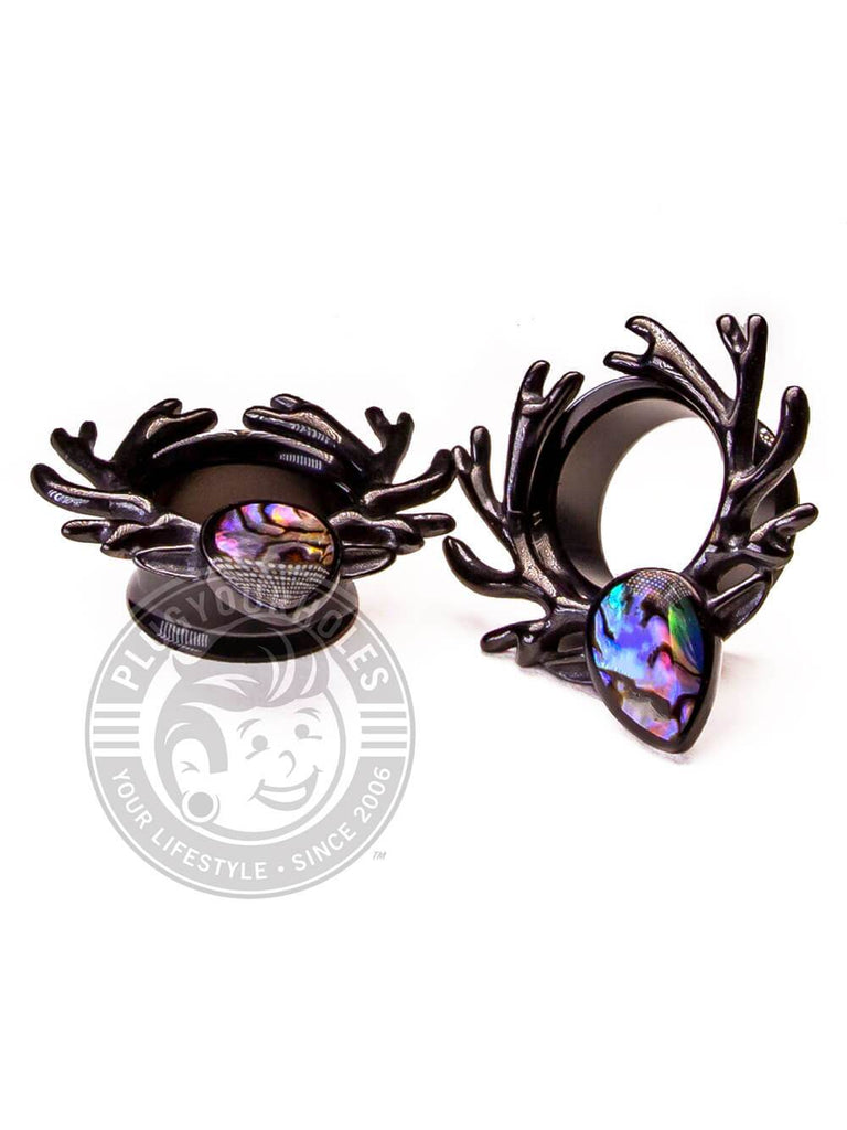 Black Deer Antlers with Abalone Double Flared Steel Tunnels