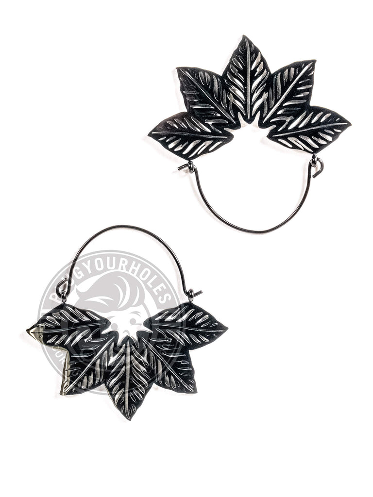 Black Leaf Dangle Hoop Steel Earrings