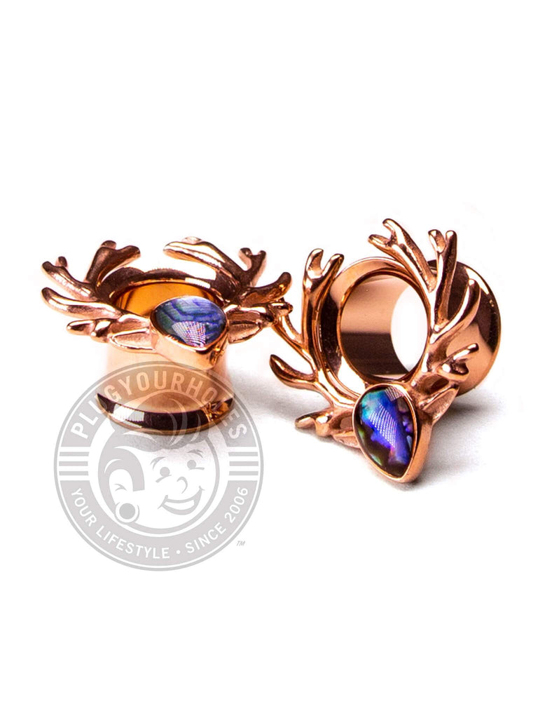 Rose Gold Deer Antlers with Abalone Double Flared Steel Tunnels