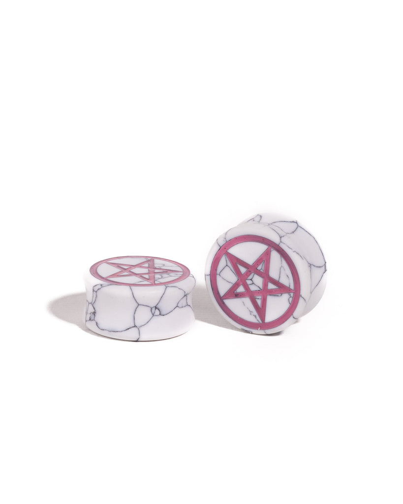 Pentagram Howlite Painted & Engraved Stone Plugs