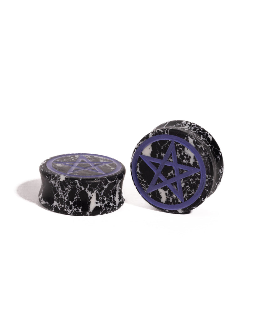 Pentagram Black & White Buffalo Painted & Engraved Stone Plugs