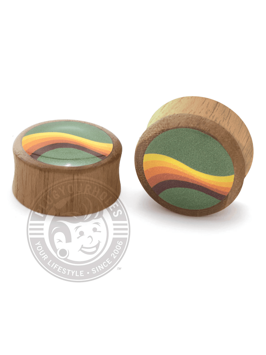 70 s Yellow Wave Image Wood Plugs Custom Gauges Mid Century Inspired PlugYourHoles