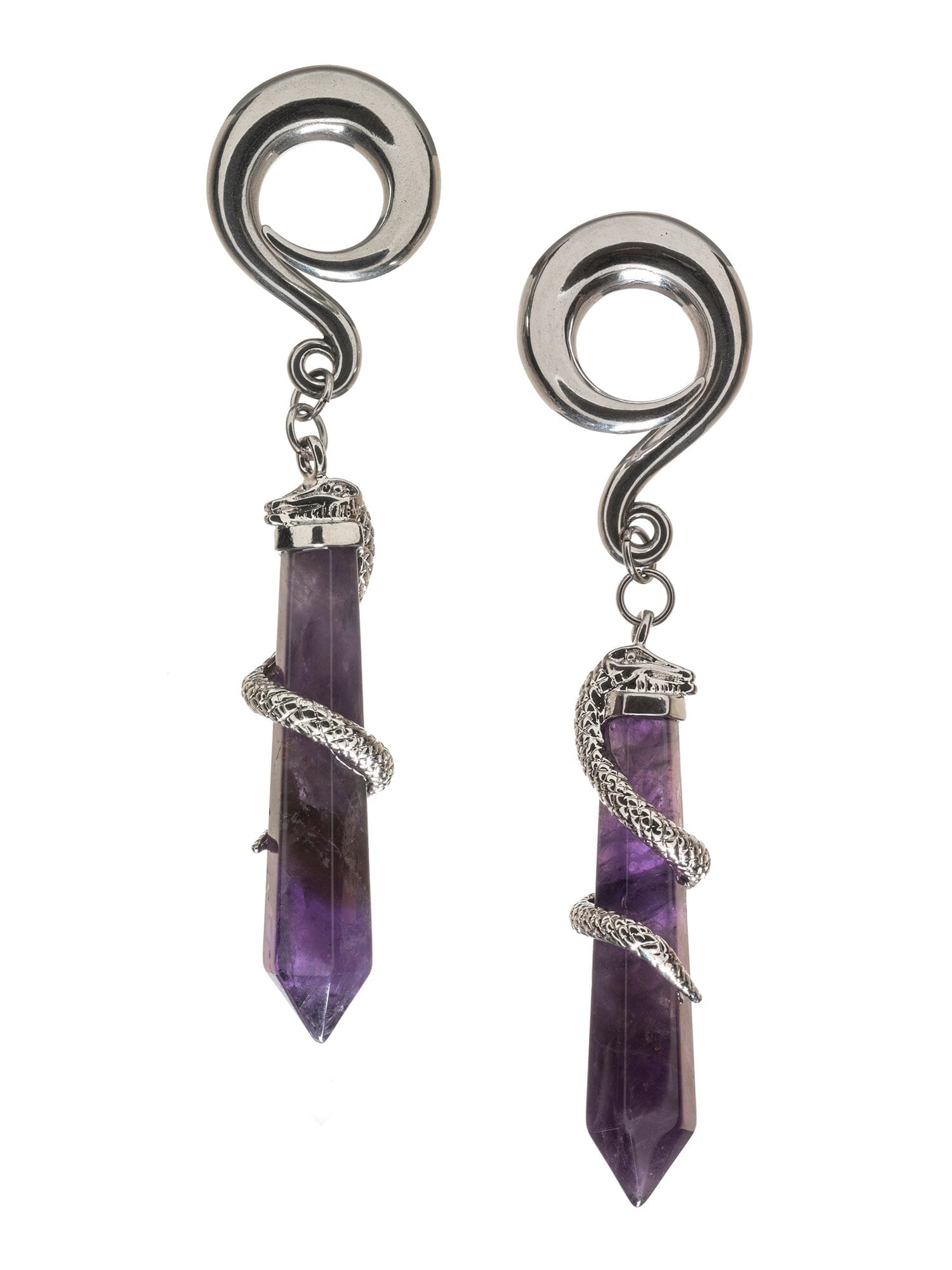 Amethyst Snake Wrapped Steel Curled Hook Hangers Stone Ear Weights