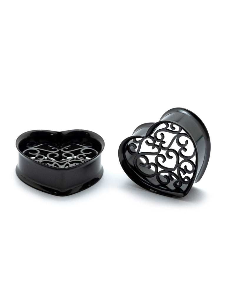 Filigree Center Heart Shaped Double Flared Steel Tunnels