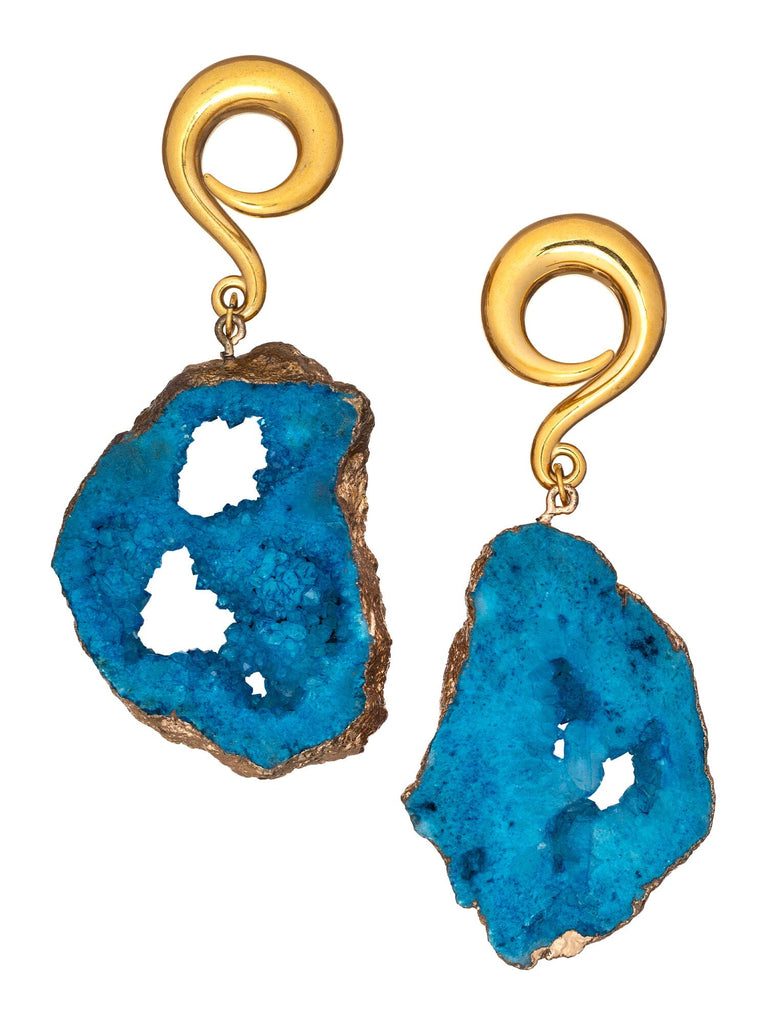 Blue Crystalized Geode Slice Gold Curled Hook Hangers