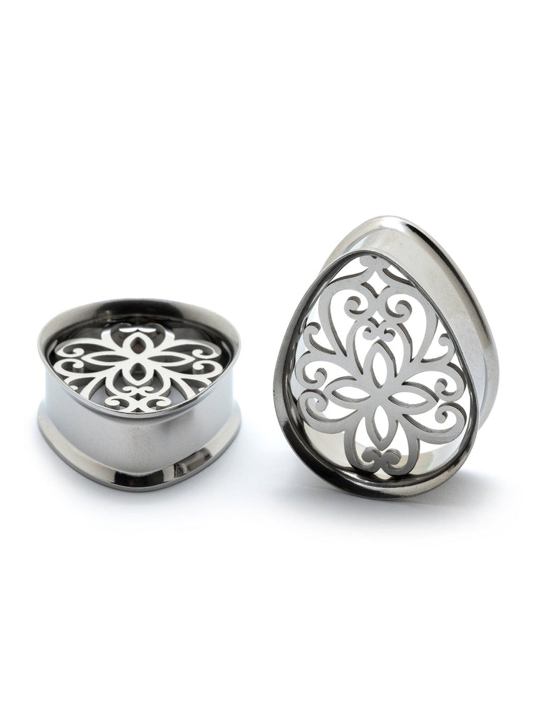 Filigree Double Flared Steel Teardrop Plugs