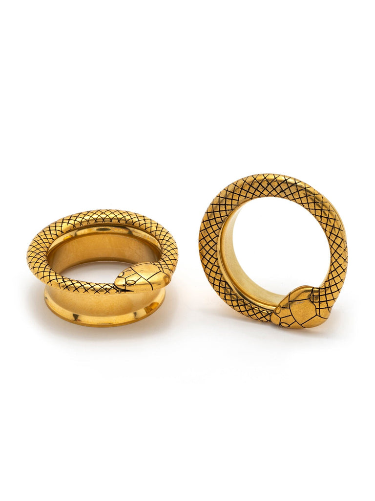Gold Ouroboros Serpent Double Flared Steel Tunnels