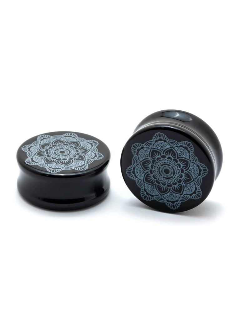 Mandala Engraved Black Agate Stone Plugs