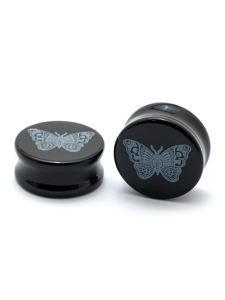 Misery Moth Engraved Black Agate Stone Plugs