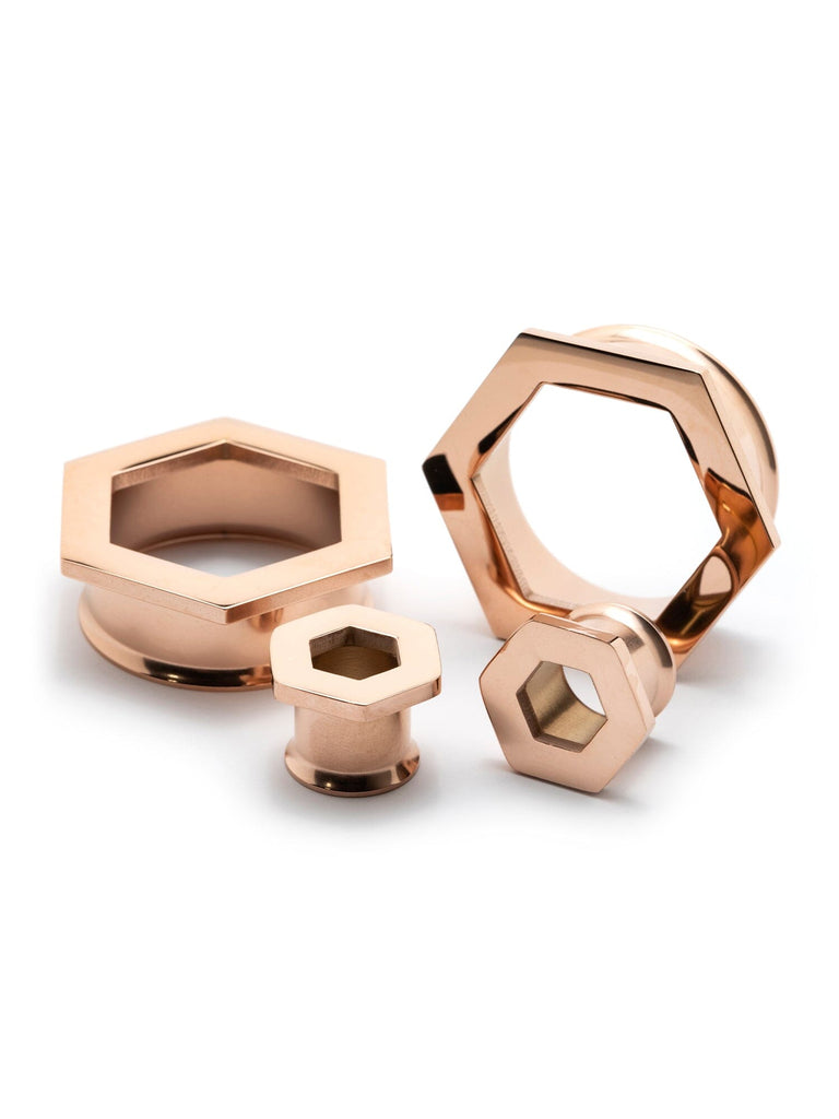 Rose Gold Hexagon Double Flared Steel Tunnels
