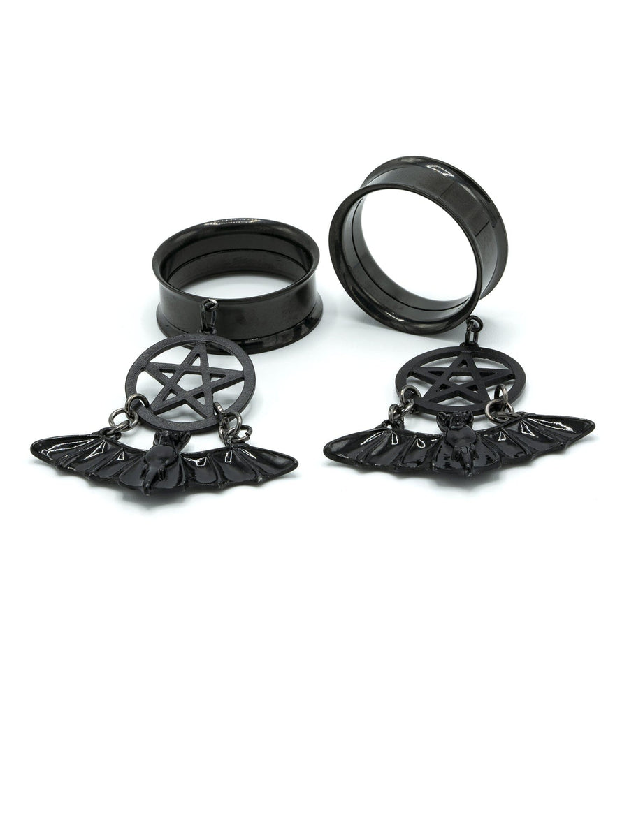 Black Bat Pentagram Dangle Steel Tunnels Bat Pentagram Gauges