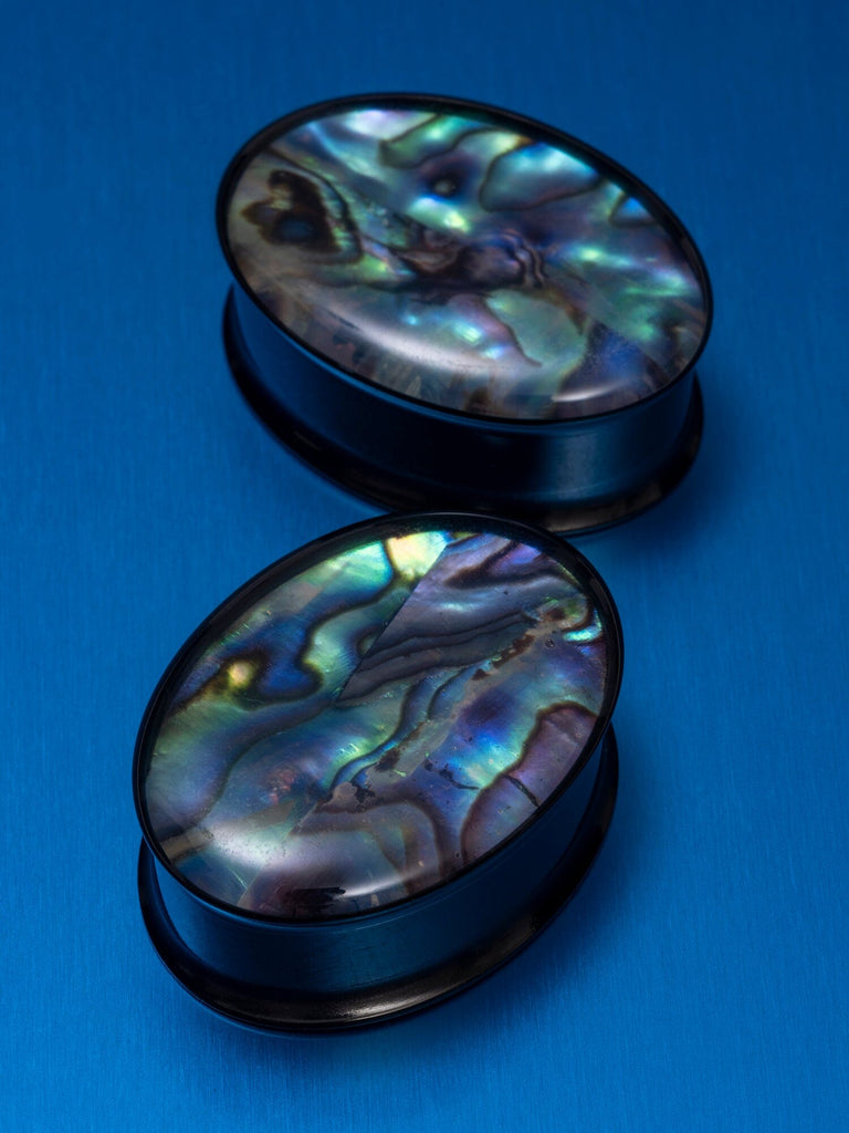 Abalone Inlay Double Flared Oval Steel Plugs