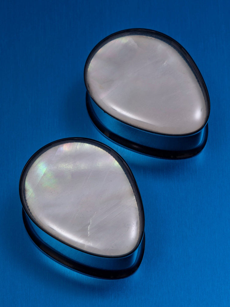 Pearl Inlay Teardrop Double Flared Steel Plugs