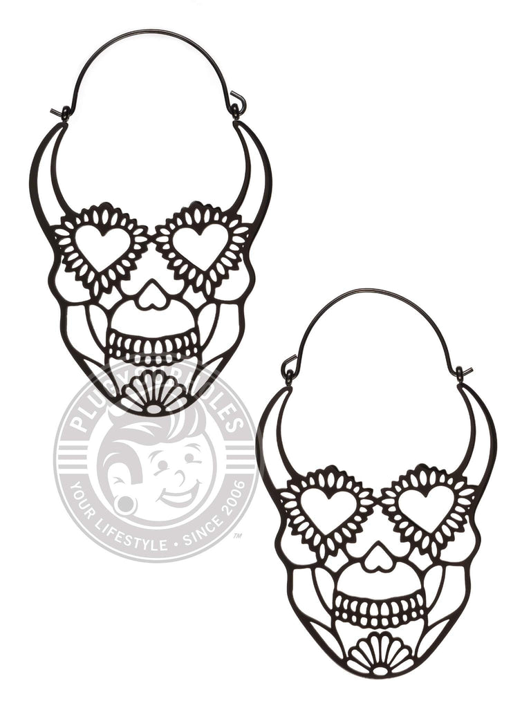 Sugar Skull Dangle Hoop Steel Earrings
