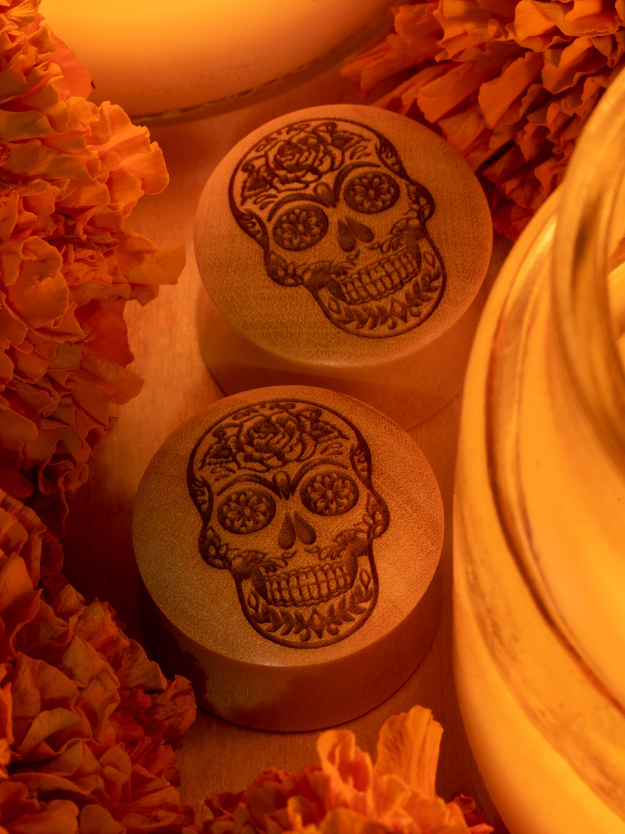 Dia De Los Muertos Skull Engraved Wood Plugs