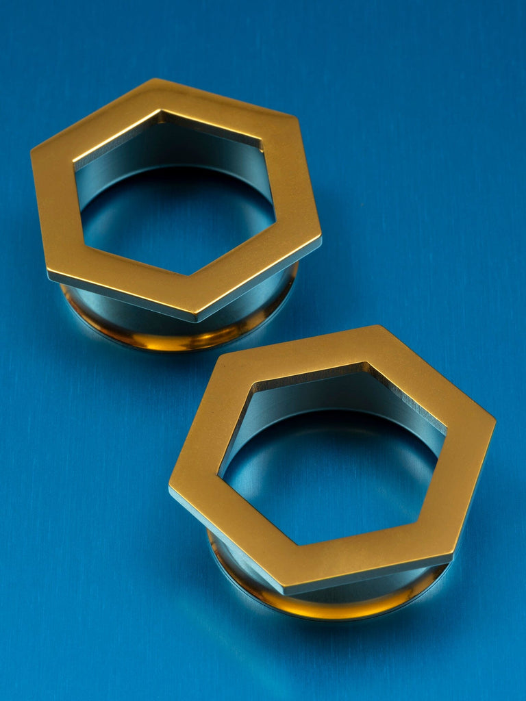 Gold Hexagon Double Flared Steel Tunnels