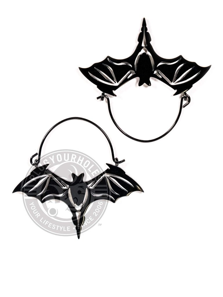 Black Bat Dangle Hoop Steel Earrings