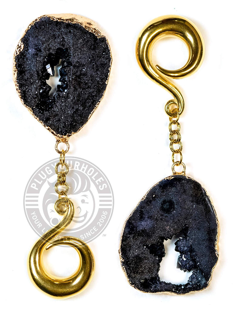 Black Crystalized Geode Slice Gold Curled Hook Hangers