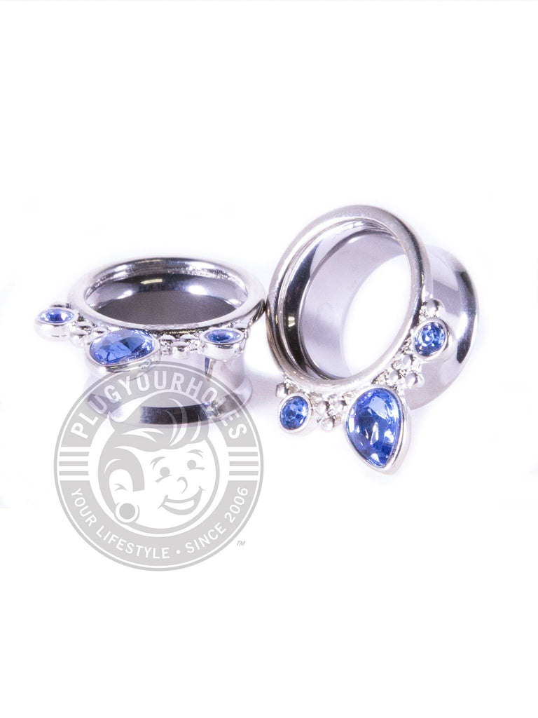 Triple Prong Blue Sapphire Double Flared Steel Tunnels