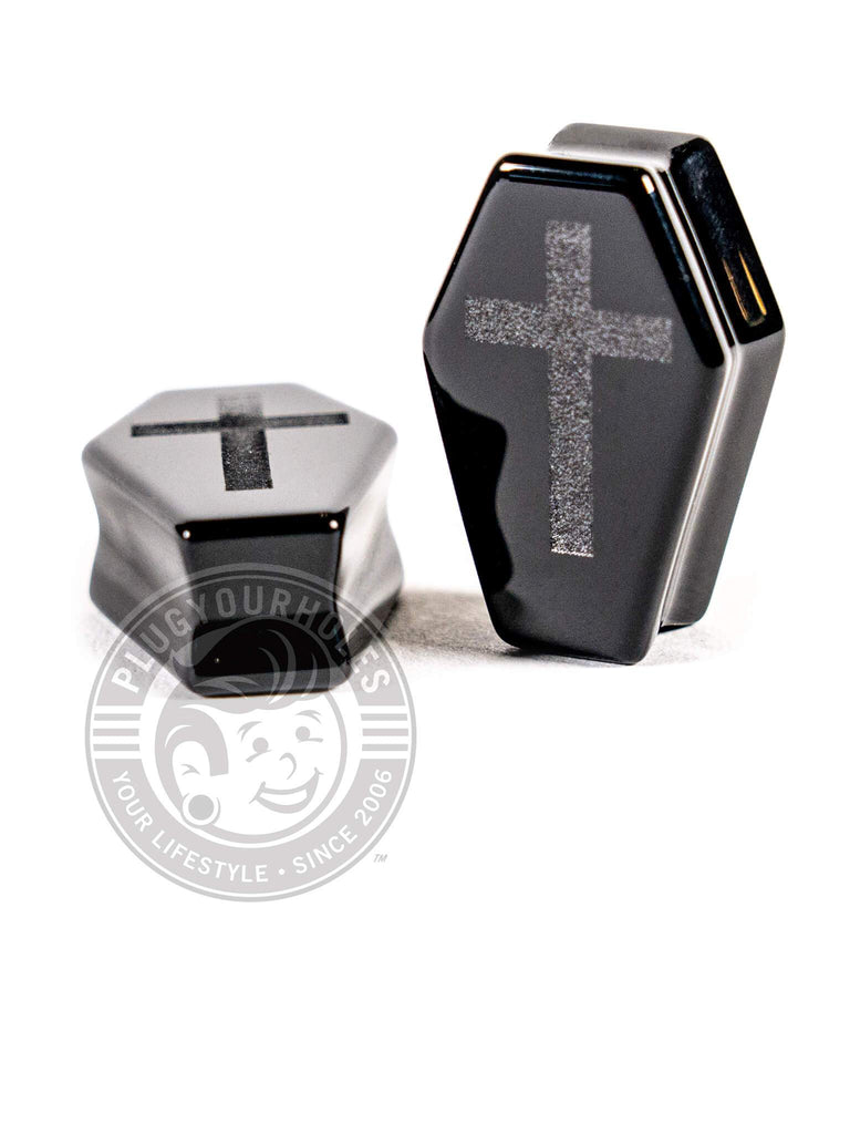Cross Engraved Black Agate Coffin Cut Stone Plugs