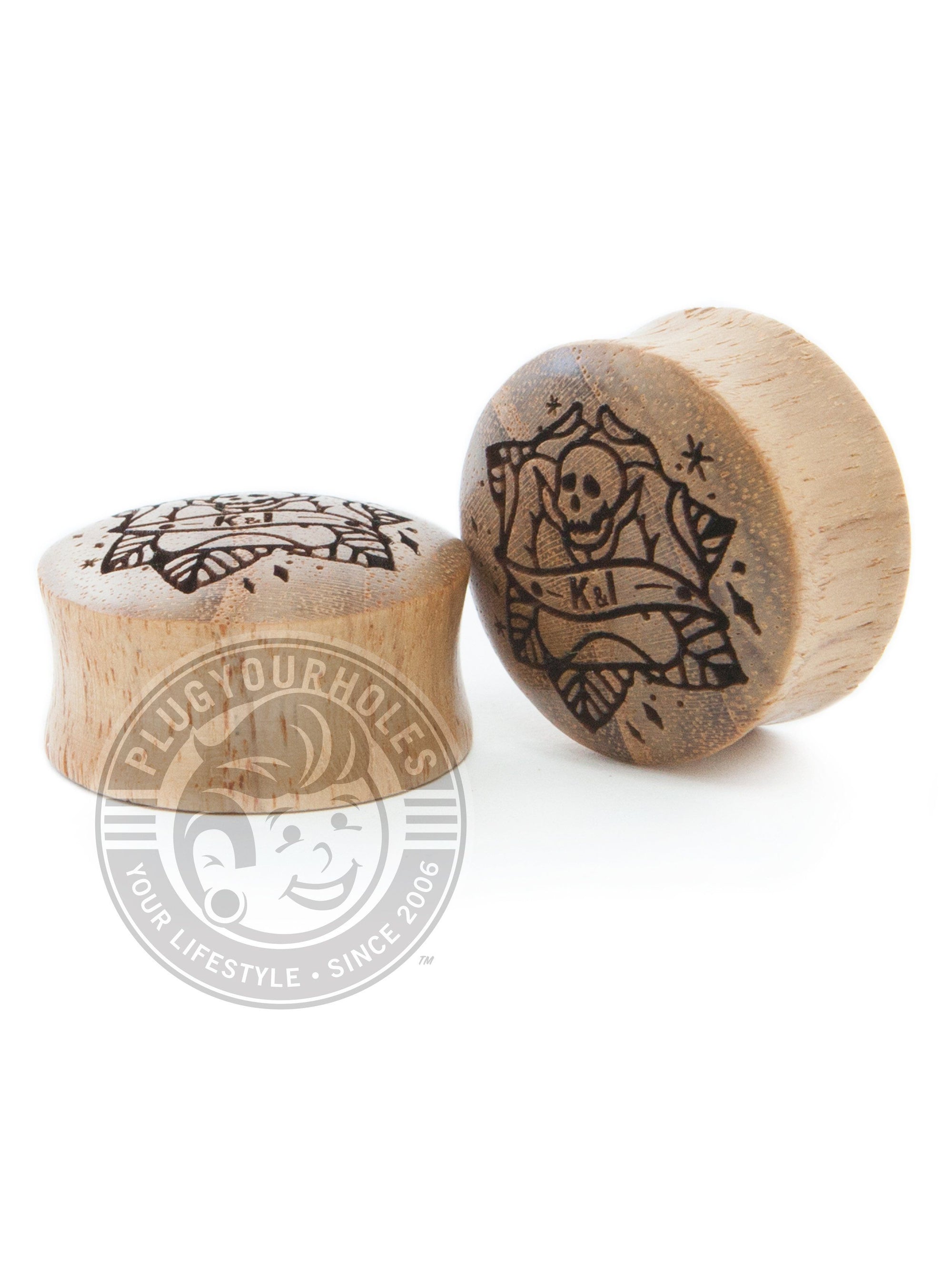 Custom Initials Rose Skull Engraved Wood Plugs