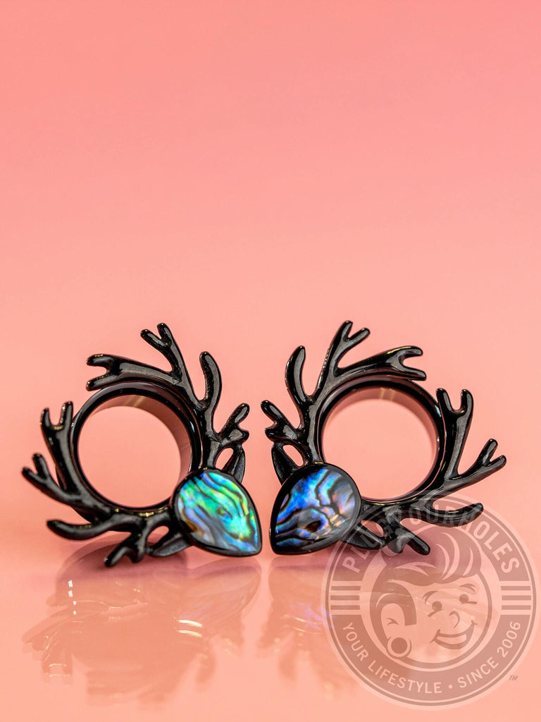Black Deer Antlers with Abalone Double Flared Steel Tunnels